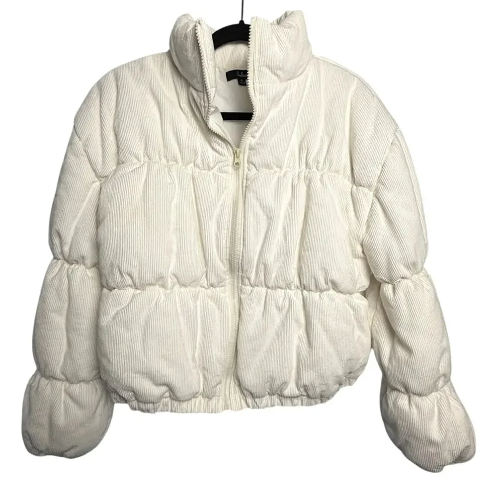 Lulus White Corduroy Puffer Full Zip Jacket Size XL Retro Minimalist Gorpcore